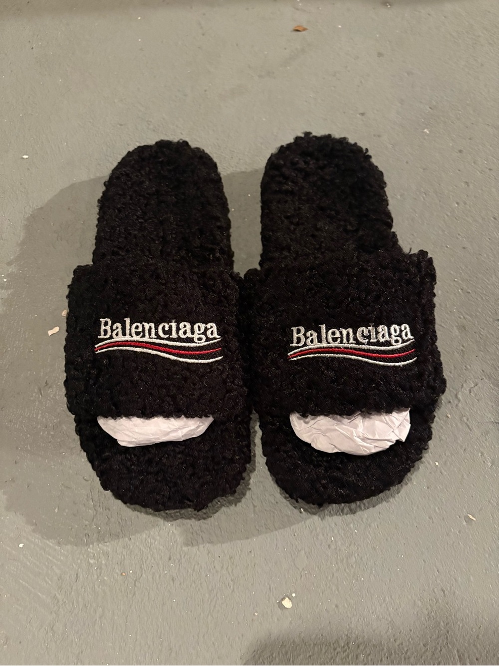 Balenciaga Black Sherpa Logo Slide Sandals with Red & White Accent - Picture 4 of 6